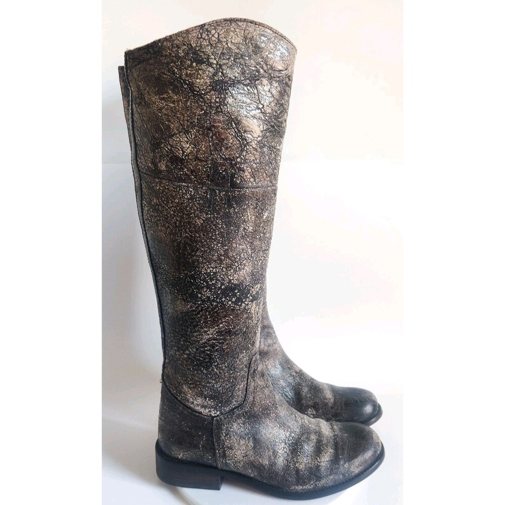 Steve Madden Knee‎ High Tall Boots Size 6 Black Crackled Leather Riding Reins